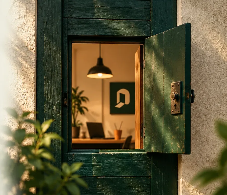 Uma porta verde de madeira com o postigo aberto. Lá dentro, uma luminária acesa, a mesa de trabalho e o símbolo da Postigo na parede.