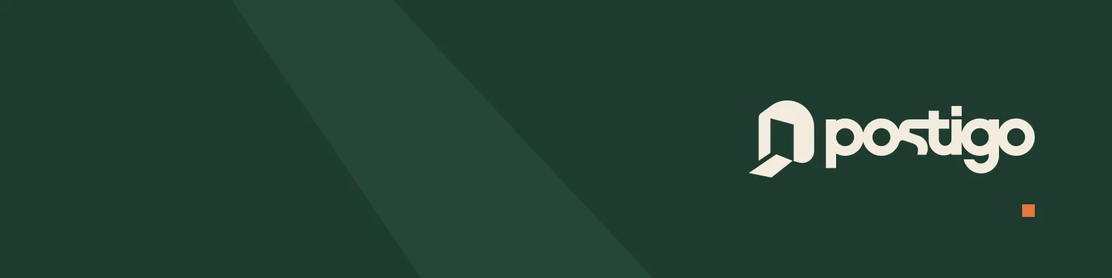 Capa do LinkedIn da Postigo: fundo verde, uma faixa diagonal de verde mais claro, o logo creme à direita e um quadradinho laranja.
