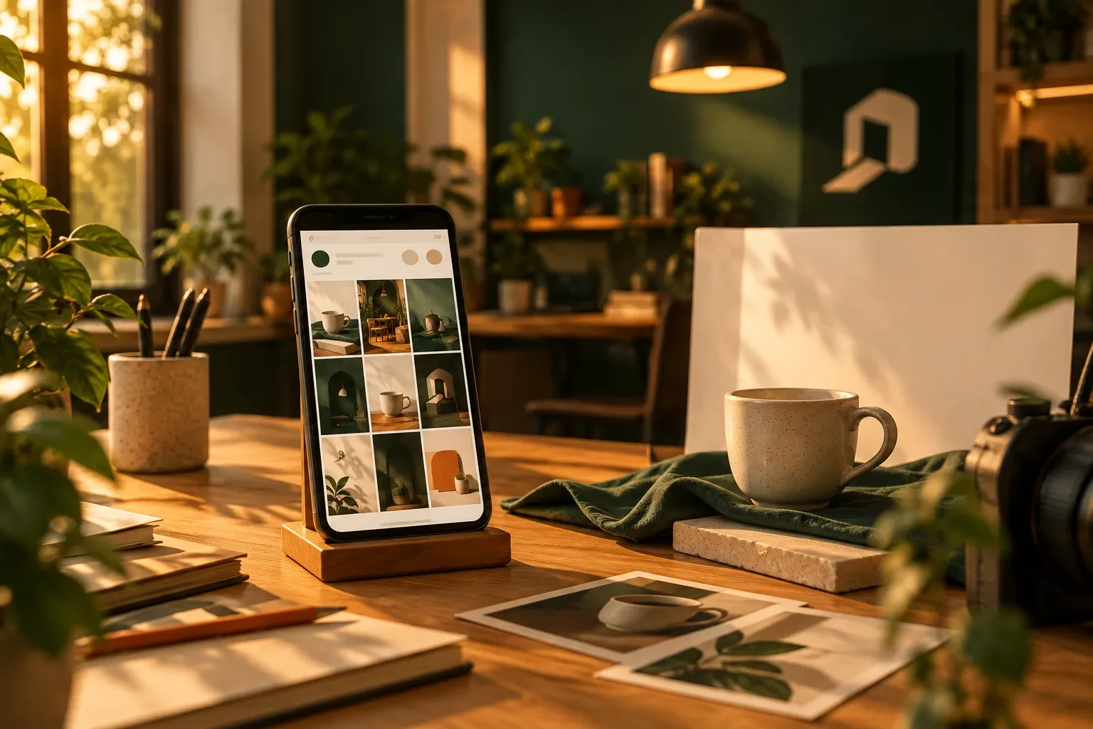 Celular num suporte mostrando um perfil de rede social com posts harmoniosos, ao lado de um pequeno set de fotos com uma xícara de cerâmica: demonstração do Instagram mensal.