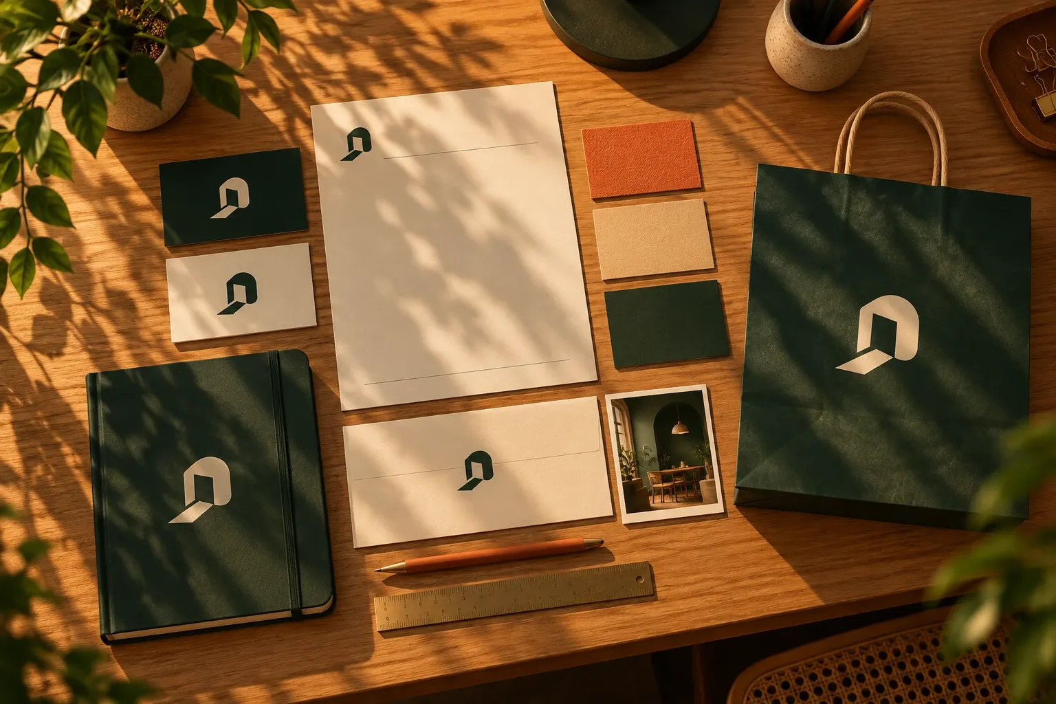 Peças da identidade visual da Postigo sobre a mesa: cartões de visita, papel timbrado, envelope, caderno, sacola e amostras de cor, todos com o símbolo da porta.