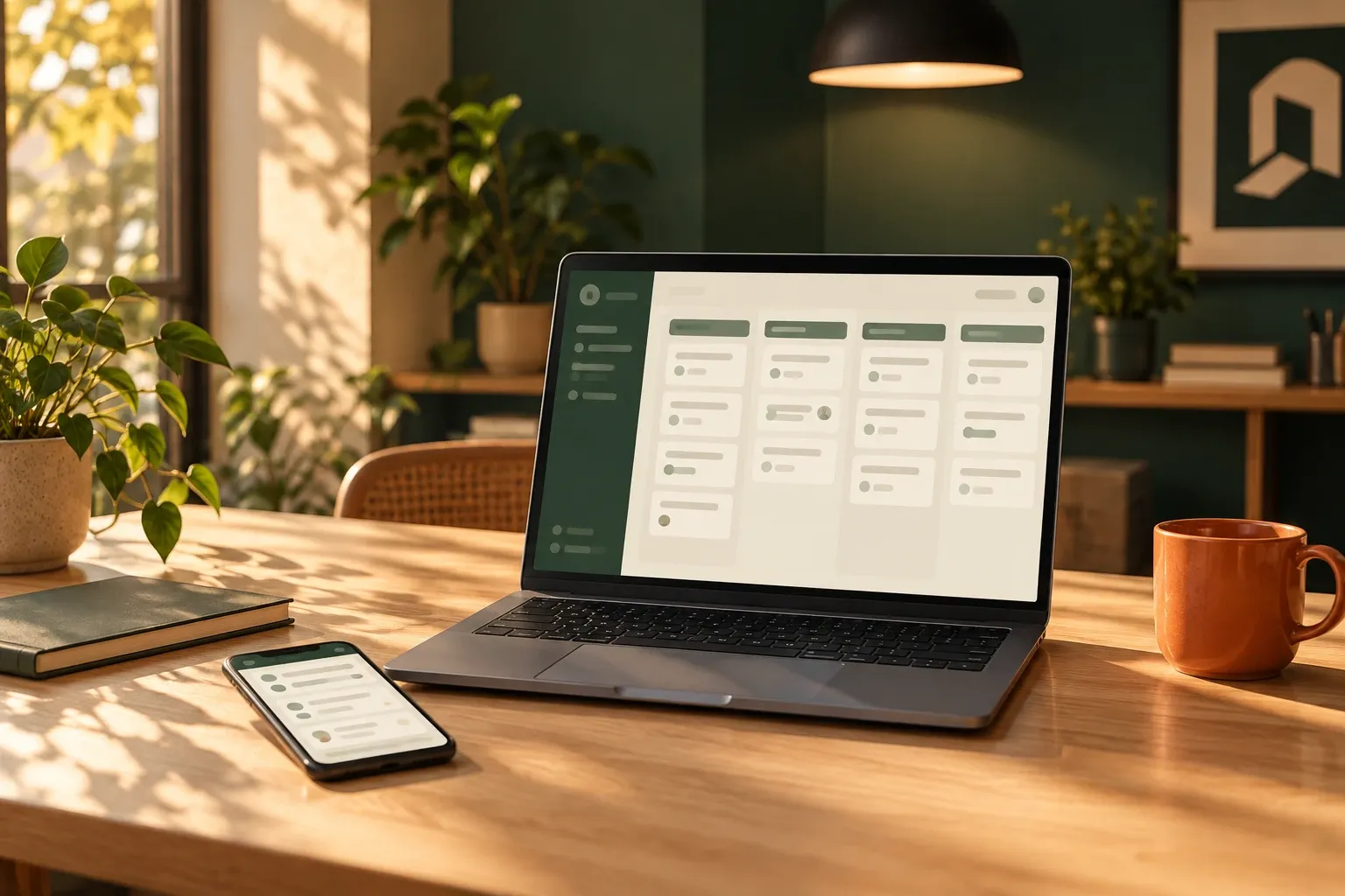 Notebook numa mesa de madeira com um painel de pedidos organizado em colunas e, ao lado, um celular com a mesma lista: demonstração de um sistema de pedidos.