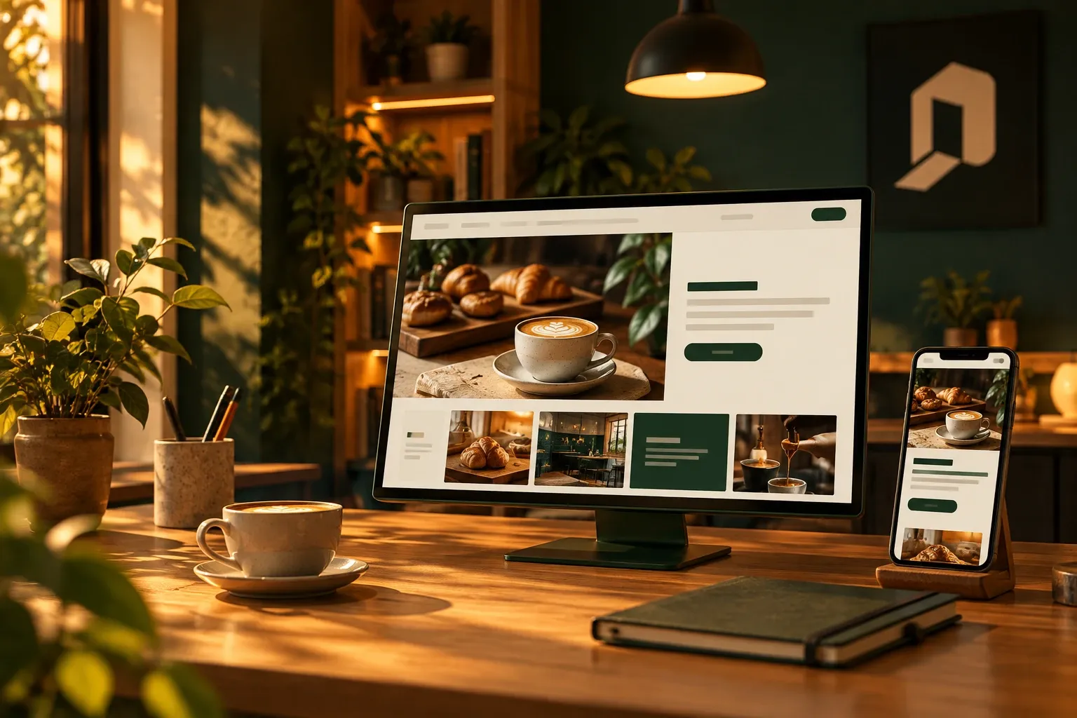 Um monitor e um celular mostrando o mesmo site de uma cafeteria, com fotos de café e pães: demonstração de um site no computador e no celular.