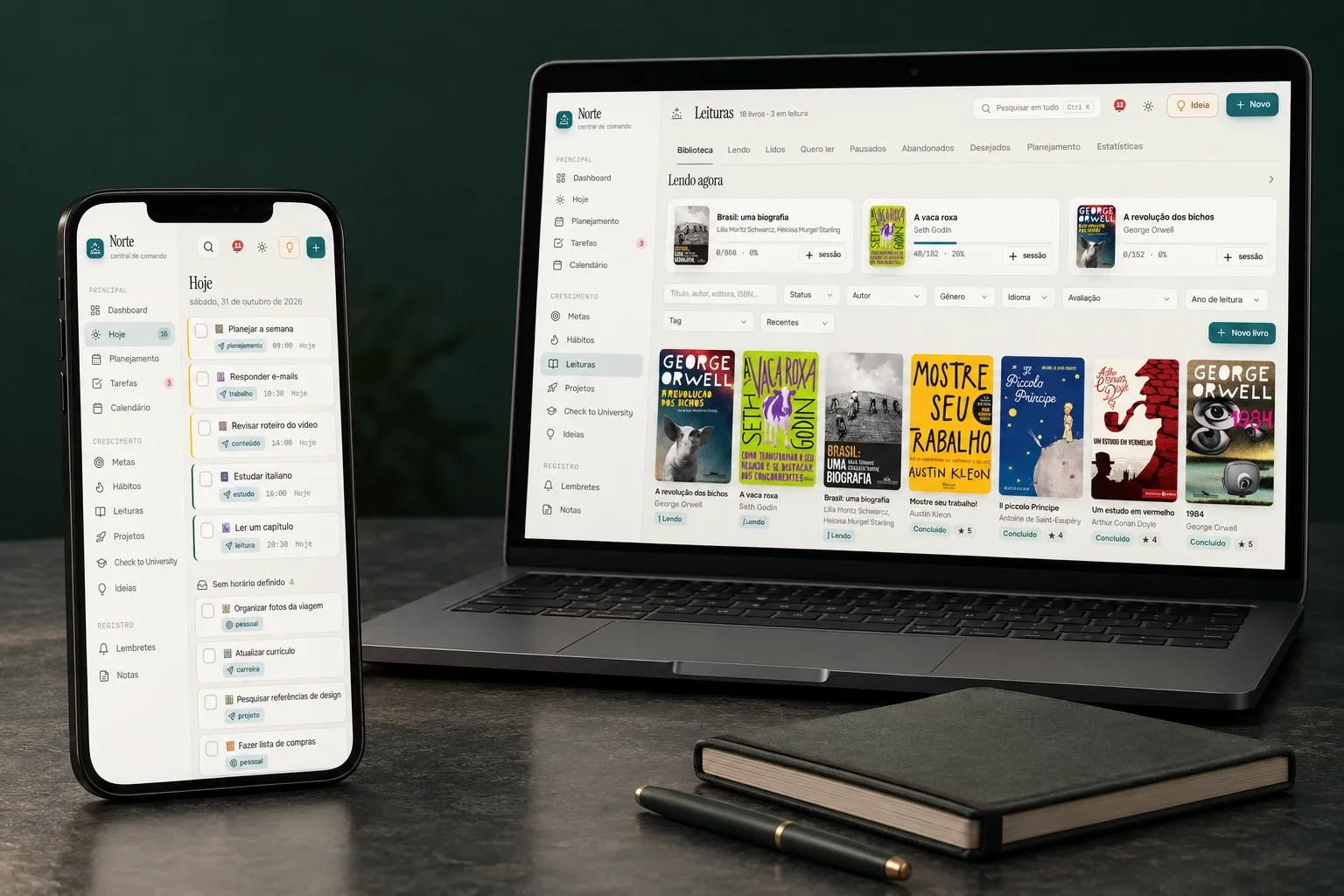 O Norte aberto no celular, na tela do dia com as tarefas e os horários, e no notebook, na biblioteca de leituras com as capas dos livros.