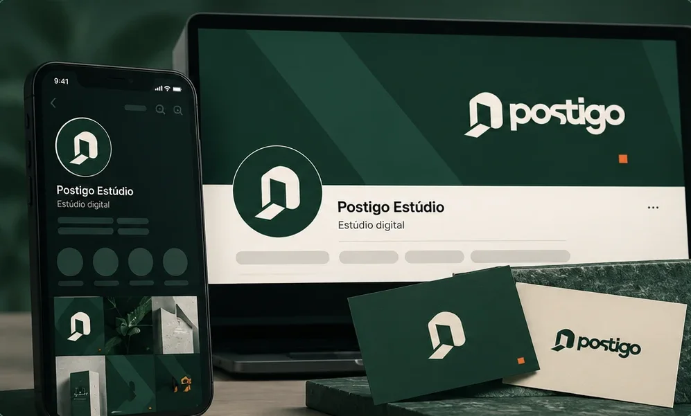 A identidade da Postigo aplicada: o perfil no celular, a capa e a foto de perfil no computador e dois cartões de visita, um verde com o símbolo e um creme com o logo.